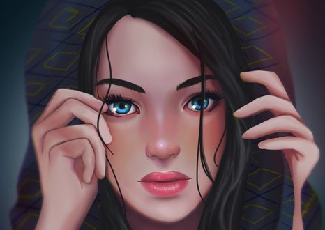 Обои на рабочий стол Девушка с голубыми глазами держит руки у лица, by alexiafelix