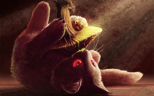 Обои на рабочий стол Кот играется и облизывает ядовитый гриб, art by Single