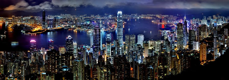 Обои на рабочий стол Панорамный вид на ночной Hong-Kong, China / Гон-Конг, Китай, by skeeze