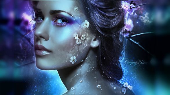 Обои на рабочий стол Девушка с весенними цветами на лице, by JosefinaCS