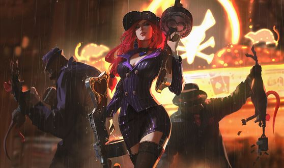 Обои на рабочий стол Miss Fortune / Мисс Фортуна из игры League of Legends / Лига Легенд стоит под дождем