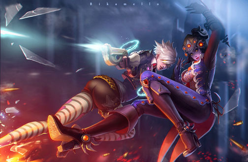 Обои на рабочий стол Tracer / Трейсер и Widowmaker / Роковая Вдова, арт к игре Overwatch / Дозор, by RikaMello