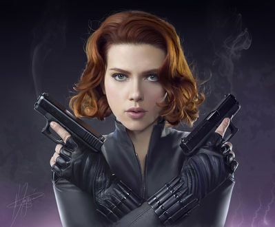 Обои на рабочий стол Scarlett Johansson / Скарлетт Йоханссон с пистолетами в руках