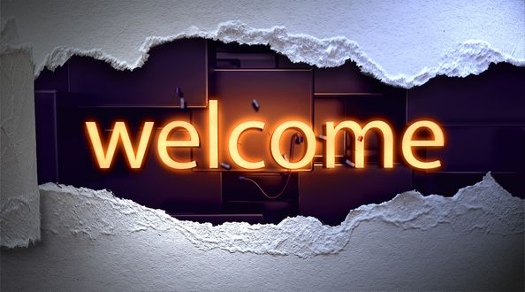 Обои на рабочий стол В дыре в картонной стене светящаяся надпись Welcome / Добро пожаловать, на абстрактном фоне, by PIRO4D