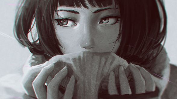 Обои на рабочий стол Девушка держит руки у лица, by GUWEIZ