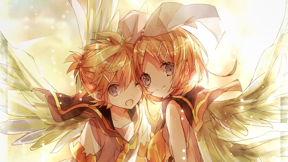 Обои для рабочего стола Vocaloids Kagamine Rin & Len / вокалоиды Кагамине Рин и Лен в матросках с крыльями