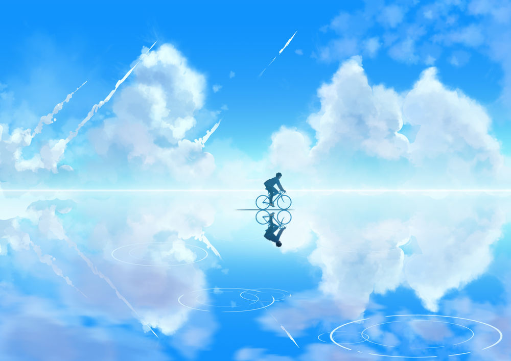 Обои для рабочего стола Парень едет на велосипеде по воде на фоне облачного голубого неба, by donsaid