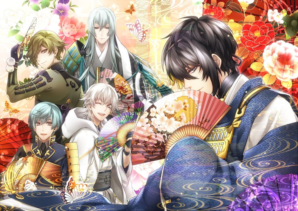 Обои для рабочего стола Tsurumaru Kuninaga / Тсурумару Кунинага, Munechika Mikazuki, Akashi Kuniyuki, Shokudaikiri Mitsutada и Ichigo Hitofuri из игры и аниме Touken Ranbu / Танец мечей