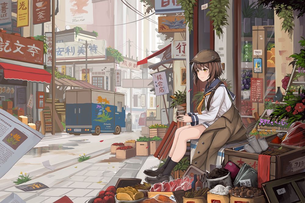 Обои для рабочего стола Девочка в матроске сидит возле уличной продуктовой лавки в японском городке