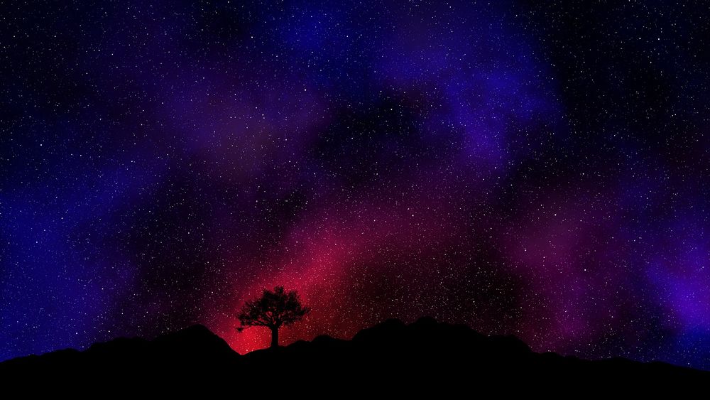 Обои для рабочего стола Одинокое дерево на фоне разноцветного звездного неба