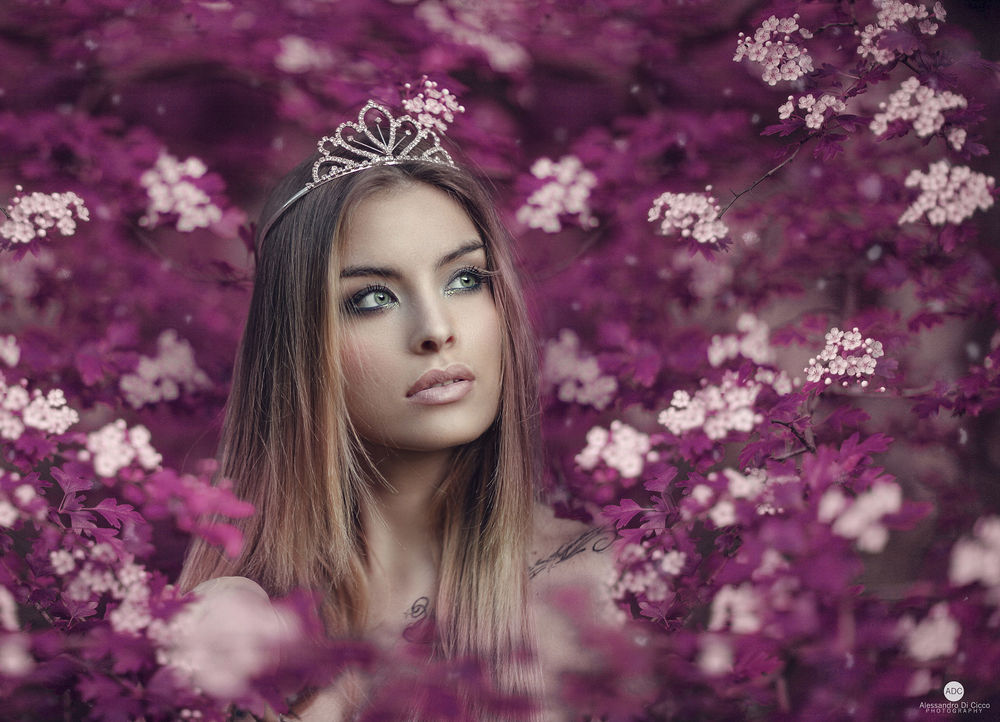 Обои для рабочего стола Модель Violeta с диадемой на голове в окружении цветов, фотограф Alessandro Di Cicco
