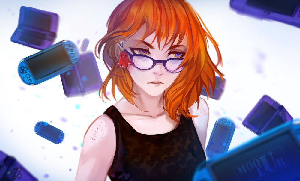Обои для рабочего стола Рыжеволосая девушка в очках среди PlayStation, by m0queur
