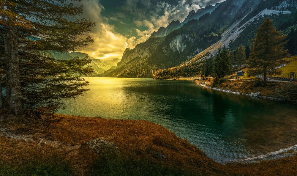 Обои для рабочего стола Закат на озере Gosau / Гозау, Austria / Австрия, фотограф Konstantin Fedorov