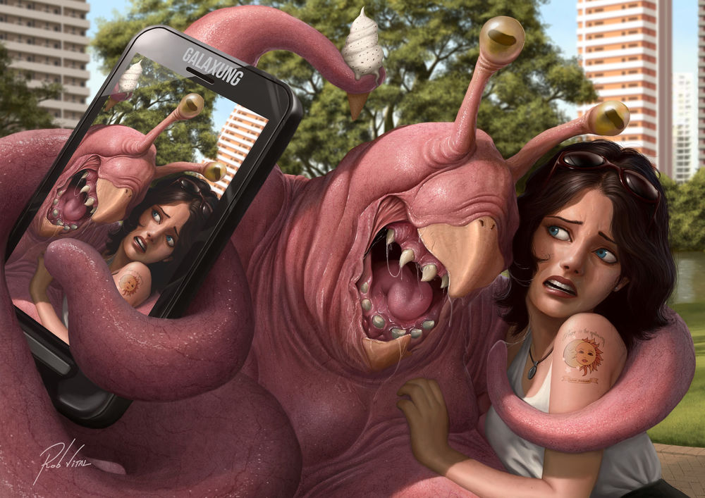 Обои для рабочего стола Монстр делает селфи с испуганной девушкой на смартфон марки GALAXUNG, by Rob Vital