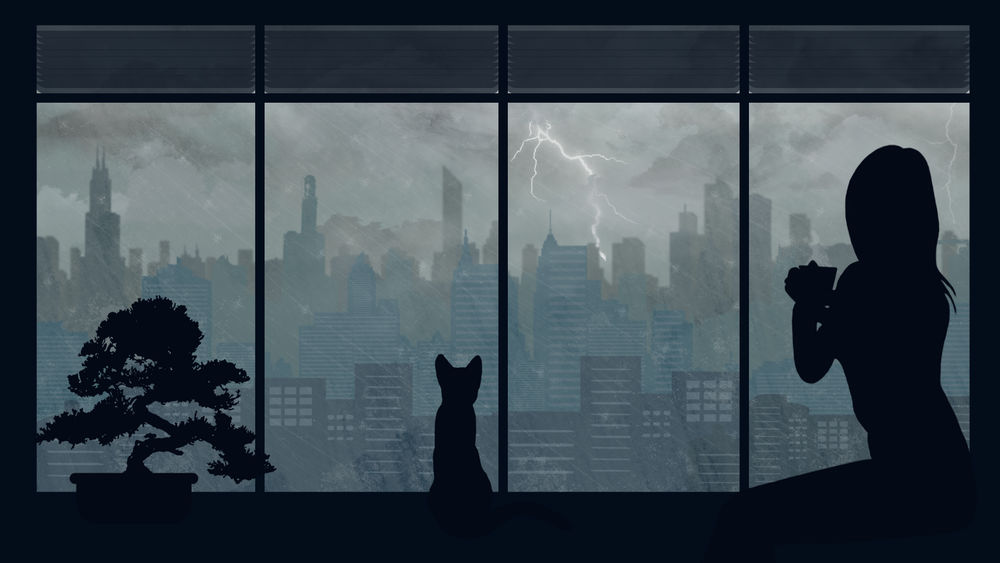 Обои для рабочего стола Силуэты девушки с чашкой и кошки, сидящих на окне и смотрящих на город под дождем, by Aquelion
