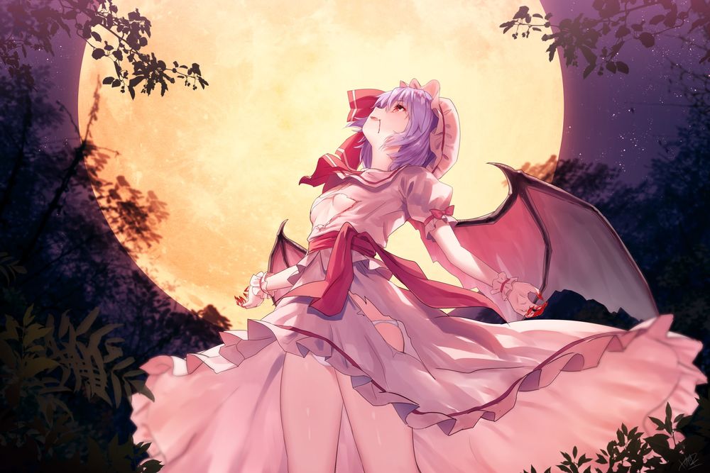 Обои для рабочего стола Remilia Scarlet / Ремилия Скарлет на фоне полной Луны из игры Проект Восток / Touhou Project, by Azoth