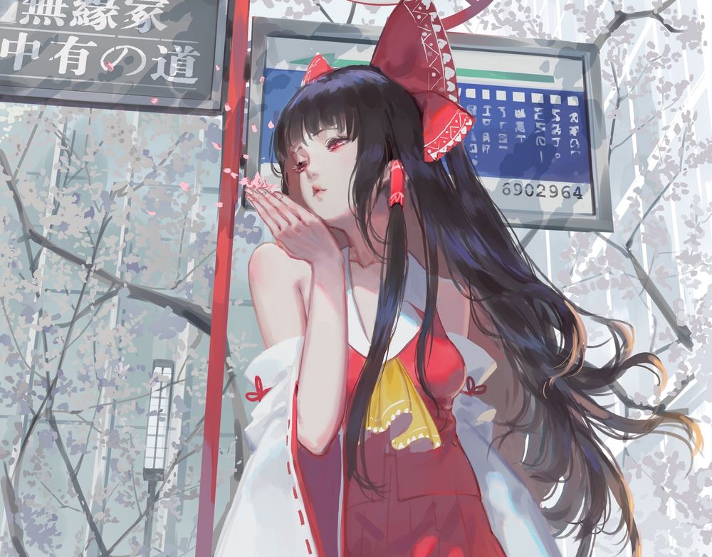 Обои для рабочего стола Reimu Hakurei / Рейму Хакурей сдувает лепестки сакуры с ладони из игры Проект Восток / Тохо / Touhou Project