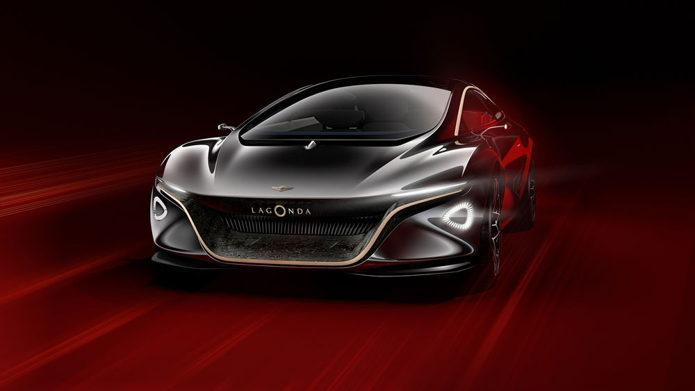 Обои для рабочего стола Aston Martin Lagonda на темно-красном фоне