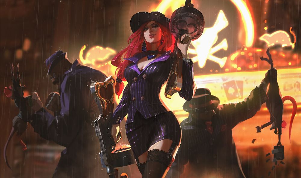 Обои для рабочего стола Miss Fortune / Мисс Фортуна из игры League of Legends / Лига Легенд стоит под дождем