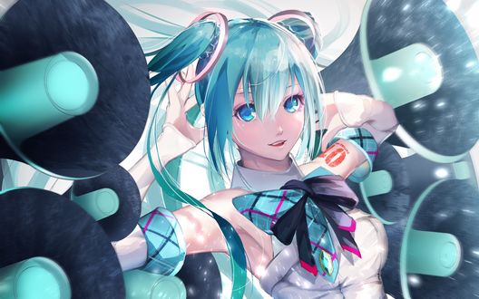 Обои на рабочий стол Vocaloid Hatsune Miku / Вокалоид Хацуне Мику стоит у громкоговорителей