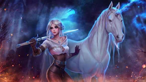 Обои на рабочий стол Ciri and Ihuarraquax / Цирилла и Иуарраквакс-единорог, из игры The Witcher / Ведьмак, by Olga Narhova