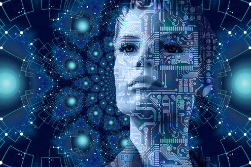 Обои на рабочий стол Портрет девушки-робота на фоне абстракции, by Gerd Altmann