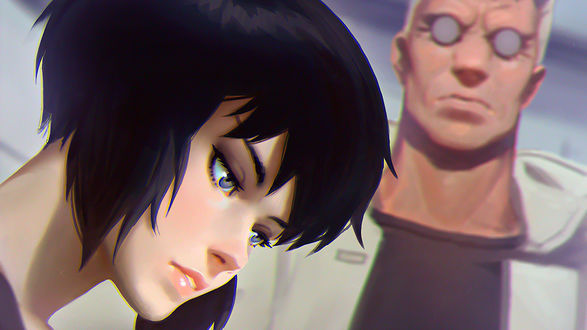 Обои на рабочий стол Motoko Kusanagi / Мотоко Кусанаги, из аниме Ghost in the Shell / Призрак в доспехах, художник Ilya Kuvshinov