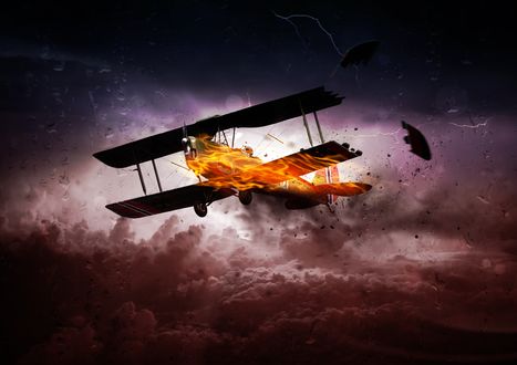 Обои на рабочий стол Одномоторный самолет, горящий в грозовом небе, by Comfreak