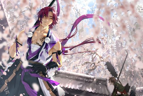 Обои на рабочий стол Tonbokiri у ворот храма в окружении цветущей сакуры из игры Touken Ranbu / Танец мечей