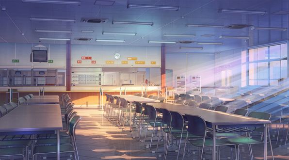 Обои на рабочий стол Пустая школьная столовая залита лучами солнца, by Arsenixc