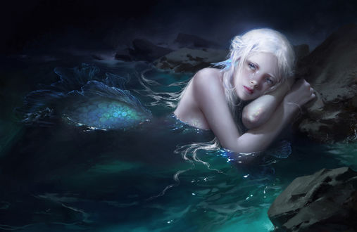 Обои на рабочий стол Девушка-русалка плачет, лежа в воде, by Y Xun