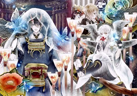 Обои на рабочий стол Tsurumaru Kuninaga / Тсурумару Кунинага и Munechika Mikazuki стеди фонарей и бабочек из игры и аниме Touken Ranbu / Танец мечей