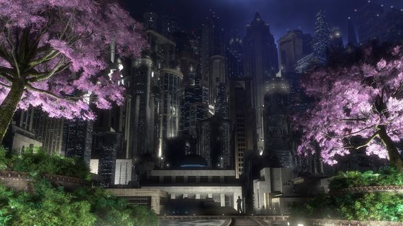 Обои на рабочий стол Вишневый цвет в городе Готэм-Сити / Gotham City, кадр из игры Batman: Arkham City / Бэтмен: Аркхем Cити