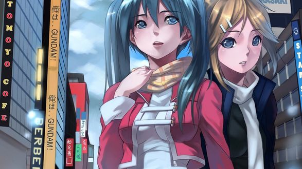 Обои на рабочий стол Vocaloid Hatsune Miku / Вокалоид Хатсуне Мику и Kagamine Ren / Кагамине Рен на улице мегапилиса