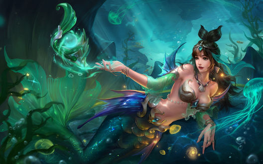 Обои на рабочий стол Девушка-русалка Zuo Yue / Цзо Юэ под водой, by Mali Wang