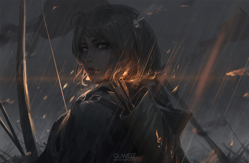 Обои на рабочий стол Archer / Лучник стоит под дождем, by GUWEIZ
