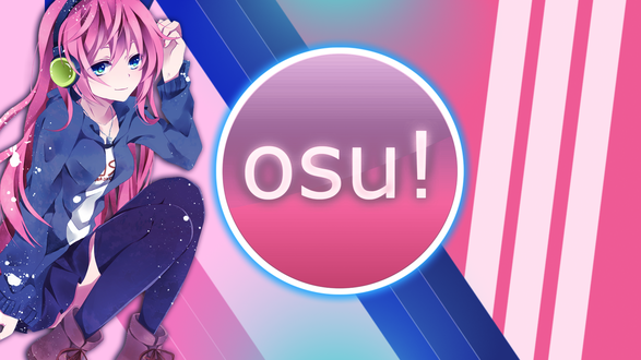 Обои на рабочий стол Vocaloid Megurine Luka / Вокалоид Мегуринэ Лука в наушниках сидит рядом с логотипом игры Osu!