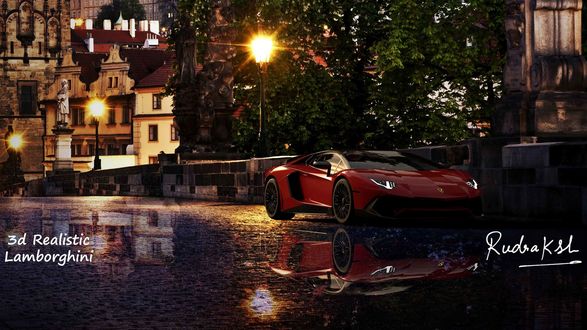 Обои на рабочий стол Realistic Lamborghini на вечерней улице, by Rudraksh Jain