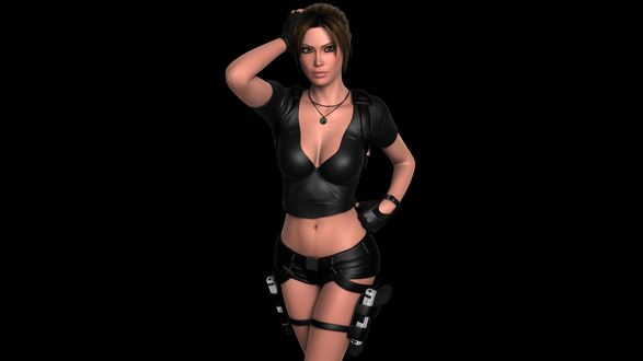 Обои на рабочий стол Лара Крофт / Lara Croft в черном обтягивающем наряде с пистолетами в кобурах, персонаж игры Tomb Raider