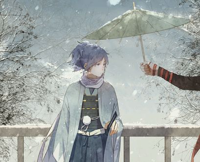 Обои на рабочий стол Yamato No Kami Yasusada / Ямато но Ками и Kashuu Kiomitsu с зонтом на мосту зимой в снегопад, из игры Touken Ranbu / Танец мечей