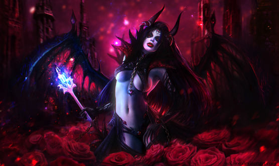 Обои на рабочий стол Queen of Pain / Королева боли стоит среди роз, by Solaice