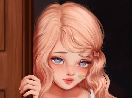 Обои на рабочий стол Белокурая девочка у двери, by Lulybot