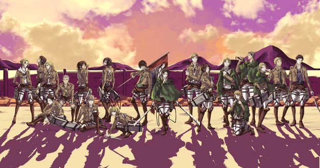 Обои на рабочий стол Livi, Armin Arlert / Армин Арлерт, Eren Yeager / Эрен Егер, Mikasa Ackerman / Микаса Акерман и другие персонажи из аниме Атака Титана / Attack on Titan / Shingeki no Kyojin
