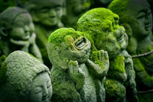 Обои на рабочий стол Древние каменные божества, поросшие мхом, в парке Киото / Kyoto, Япония / Japan