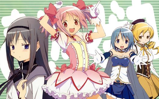 Обои на рабочий стол Мадока Канамэ / Madoka Kaname, Хомура Акэми / Homura Akemi, Tomoe Mami и Miki Sayaka из аниме Девочка-волшебница Мадока / Mahou Shoujo Madoka Magika