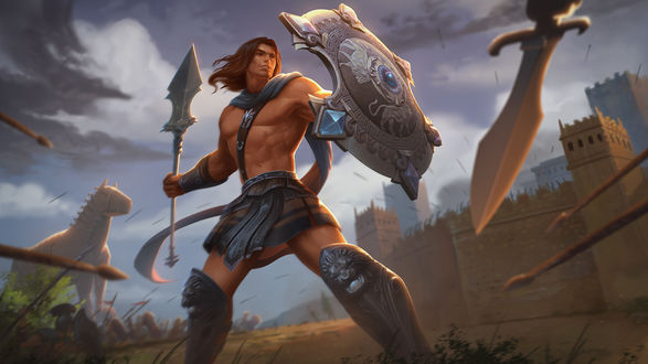 Обои на рабочий стол Греческий воин-легенда Achilles / Ахилл у стен Troy / Трои, арт к игре Smite, by Andantonius