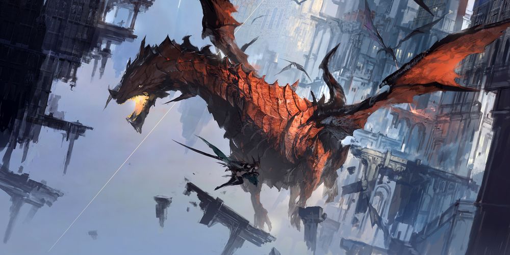 Обои для рабочего стола Огромный огнедышащий дракон летит между высокими домами, рядом летит женщина-демон