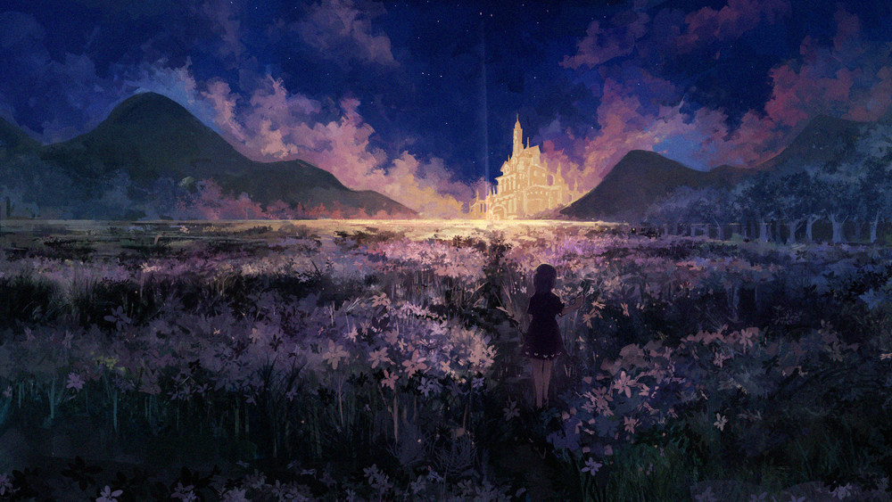 Обои для рабочего стола Девочка на цветущем поле, вдали которого светится замок
