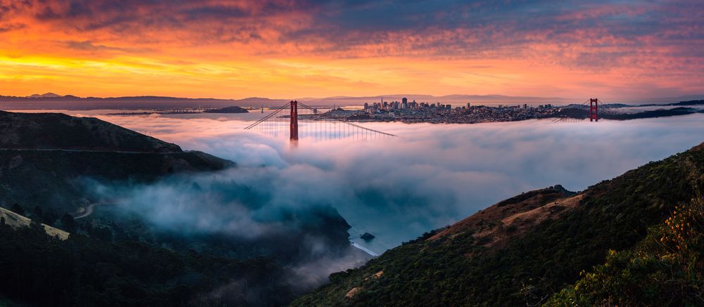 Обои для рабочего стола Город Сан-Франциско / San Francisco на рассвете, США / USA