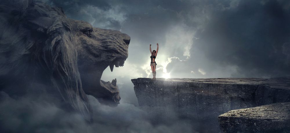 Обои для рабочего стола Девушка на скале, воздевшая руки перед пастью громадного каменного льва, на фоне облачного неба, by Stefan Keller